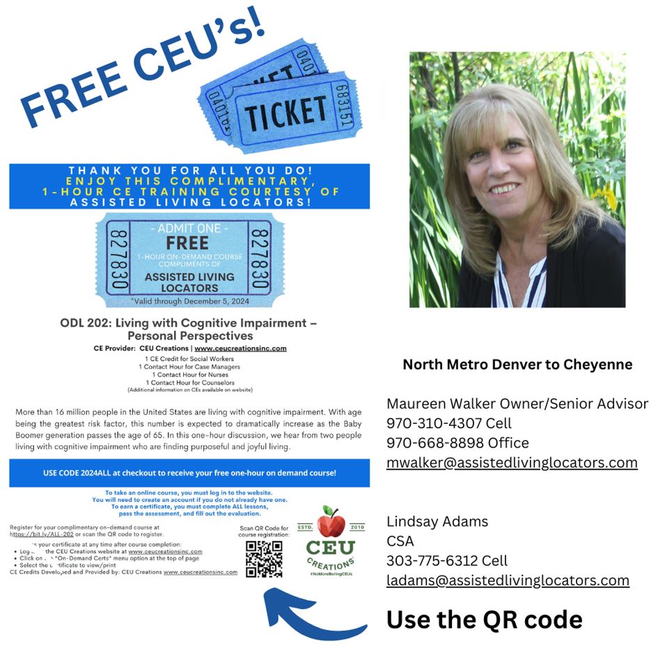 No Cost CEU's Complimentary of Assisted Living Locators